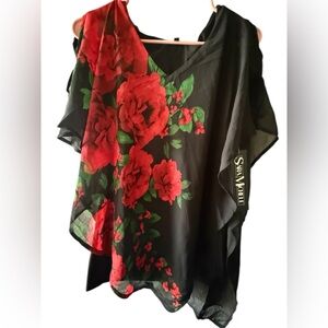 Brand New Sara Michelle Black Sheer Blouse with Red Floral Design